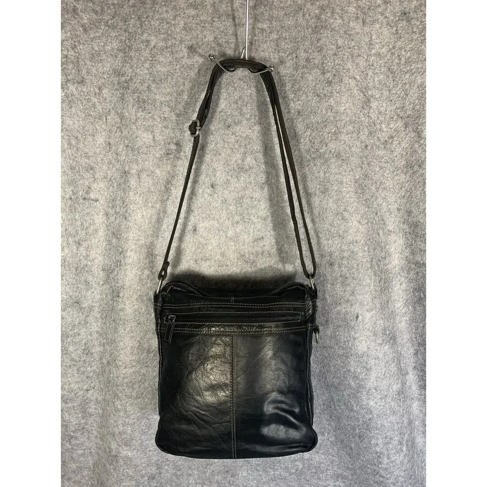 Jack Georges Voyager Crossbody Bag Black Leather Flap Zip Pockets Mens 7205